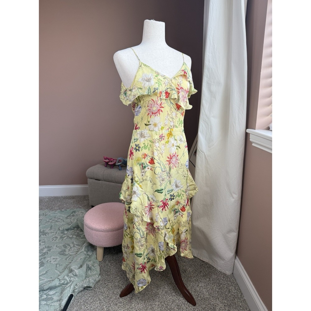 Parker Silk Floral Ruffle Midi Dress Yellow XS Strappy Summer Dress